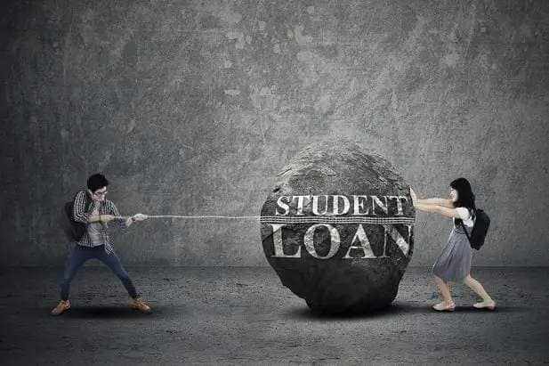 man and woman trying to move a rock labeled student loan
