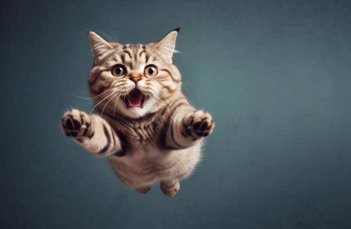 funny cat flying. photo of a playful tabby cat jumping mid-air looking at camera. background with copy space
