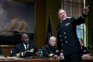 THE CAINE MUTINY COURT-MARTIAL, from left: Lance Reddick, Dale Dye, Kiefer Sutherland, 2023. ph: Marc Carlini/ © Paramount+  /Courtesy Everett Collection