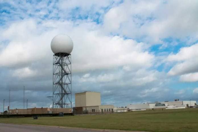 EXRAD Doppler radar tower in Norman, Oklahoma. NEXRAD is a network of more than 150 high-resolution Doppler radars operated by the National Weather Service, the Federal Aviation Administration and the U.S. Air Force. Image credit: James Murnan / NOAA