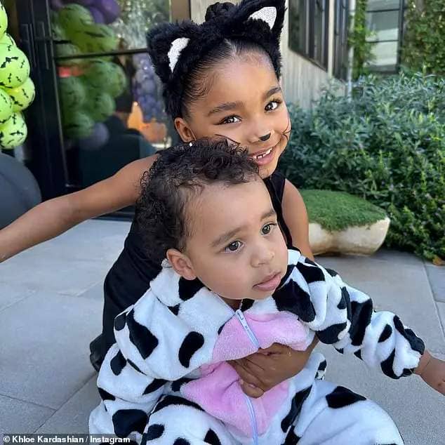In the Halloween spirit: While Khloe's daughter True came as a cat, her son Tatum was dressed as a cow in an adorable onesie, just like his mother, who had pulled her outfit down along her waist in her new Instagram posts on Sunday