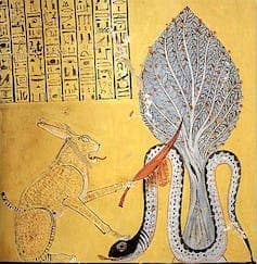 Ancient Egyptian art depicting a hare-like creature battling a snake.