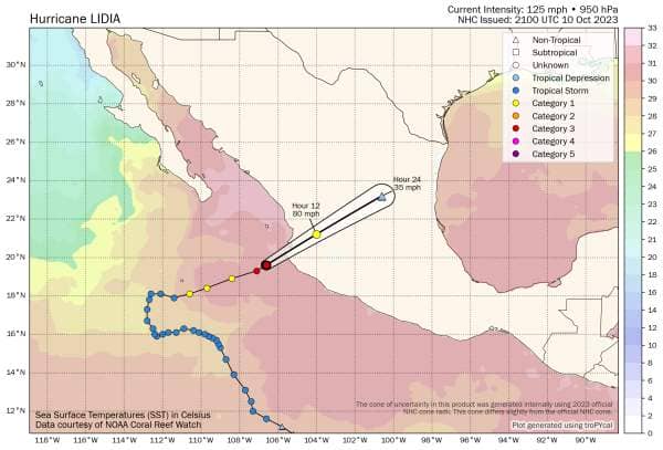 Hurricane Lidia forecast path and tracking map