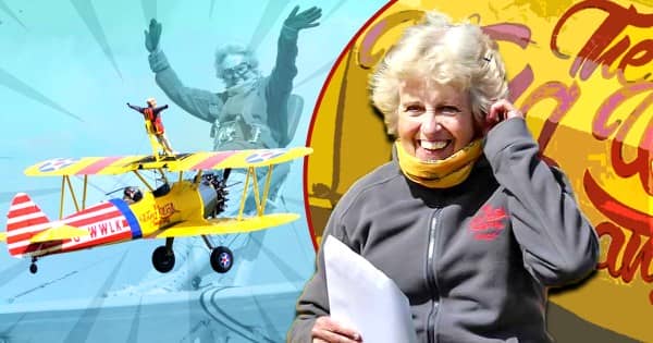 Cherry Lorberg pictured standing on top of plane alongside a portrait smiling at camera