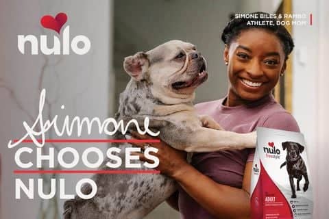 Simone Biles with her dogs for Nulo pet food brand.