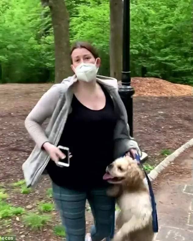 Pictured: Amy Cooper during the Central Park encounter. She recalled that she was 'panicked' when Christian Cooper - no relation - approached her in he Manhattan park because she was a victim of sexual assault in her teens