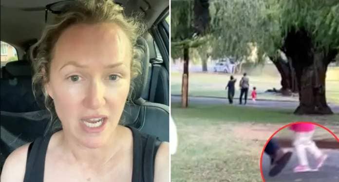 Screenshots from Jacqui Zakar's TikTok video showing her speaking to the camera as well as a blurry image of the family with the walking toddler in the dog park.