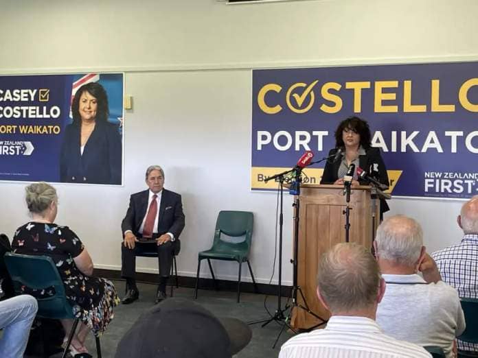 Casey Costello, right, and Winston Peters at the launch of New Zealand First’s campaign for the Port Waikato by-election.
