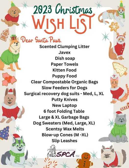 a list of items for the spca