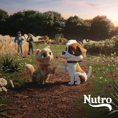 Still from the NUTRO™ brand's animated fable Tail of Two Farms, which helps people learn about healthy soil through the eyes of pet protagonists, Arlo the dog and Sunny the cat.