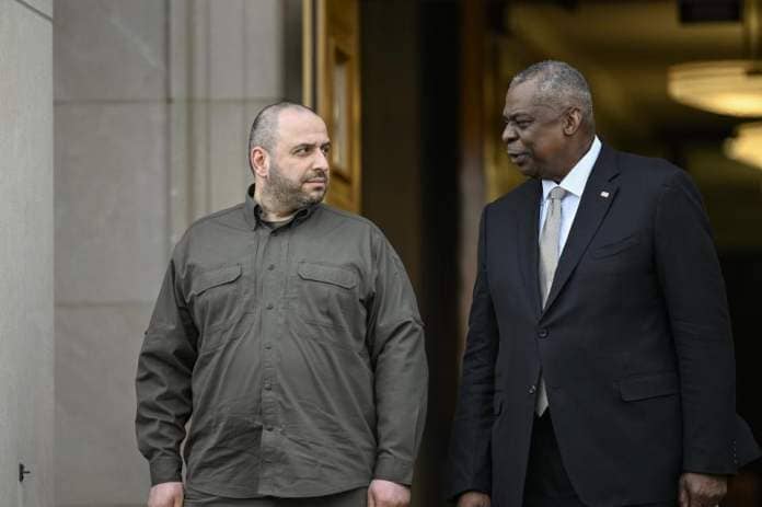 US Secretary of Defense Lloyd Austin welcomes Ukraine’s Defense Minister Rustem Umerov with an official ceremony at the Pentagon in Washington, United States on Wednesday (Anadolu via Getty Images)
