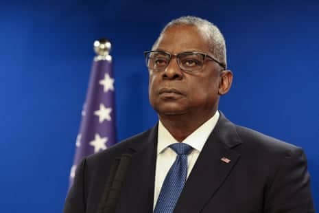 US Secretary of Defence Lloyd Austin looks on during a joint press conference with Israeli Defense Minister Yoav Gallant at Israel's Ministry of Defense in Tel Aviv, Israel.