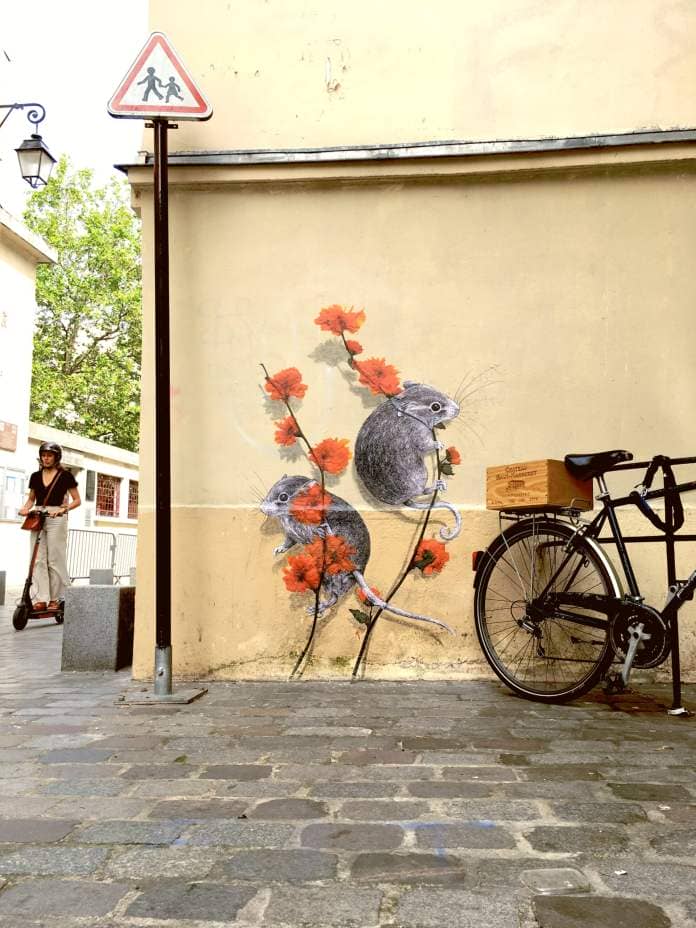 a wheatpaste of two tiny mice clinging to sprigs of orange flowers on a yellow outdoor wall. a bicycle with a crate is in front and a woman riding a scooter is on the far left