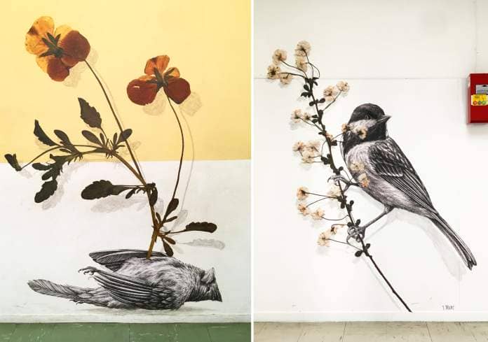 left: a wheatpaste of a dead bird with two yellow flowers growing from its body. right: a wheatpaste of a bird perched a sprig of small white flowers