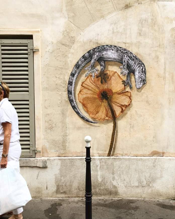 a woman in white walks past a wall with a wheatpaste depicting a small reptile curled around a yellow dried flower