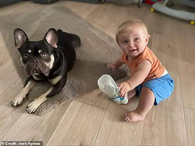 The beloved family pet, who is only one year and two months old, is the best friend of his one-year-old son, Hugo (pictured together)
