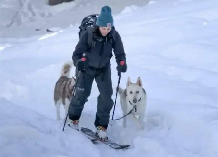 Dog trainer molly uhlig skiing with two husky dogs