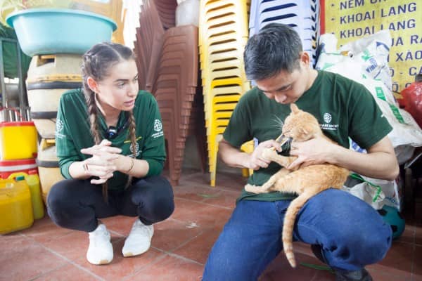 Vu Quang Nguyen, Program Manager of??Companion Animals for HSI??Vietnam, and Nicole??Jaworski??pet cats in a slaughterhouse in Thai Nguyen, Vietnam.