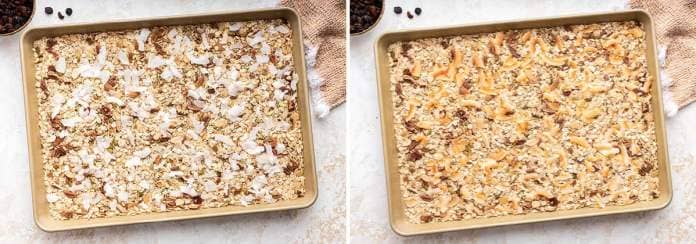 Photo of coconut added to the sheet pan, and photo of the coconut toasted on the pan with the Easy Muesli.