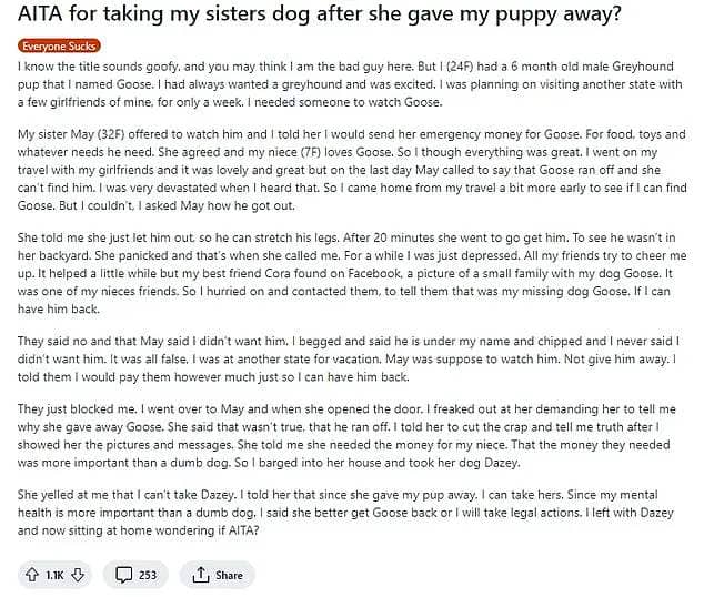 The unnamed 24-year-old, from the US, took to Reddit under the username TAwayGreyhound to ask: 'Am I the a**hole for taking my sister's dog after she gave my puppy away?'