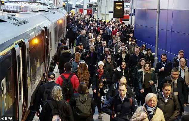 Crowded: Waterloo Station this morning as rail disruption spread across the country