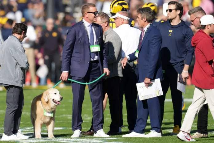 Jan 1, 2024; Pasadena, CA, USA; Kirk Herbstreit (left) speaks with Chris Fowler before the game between the Michigan Wolverines and the Alabama Crimson Tide in the 2024 Rose Bowl college football playoff semifinal game at Rose Bowl. Mandatory Credit: Kirby Lee-USA TODAY Sports