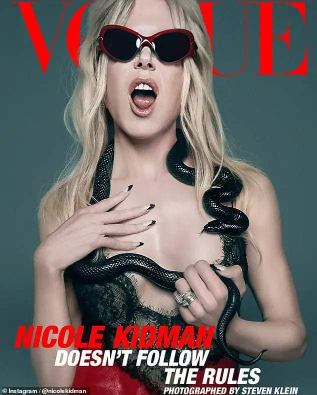 Nicole Kidman, 56, (pictured) has graced the cover of Australian Vogue magazine's February issue wearing nothing but a sheer lace lingerie and a black snake wrapped around her shoulders
