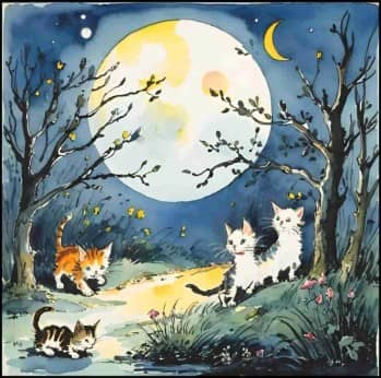 Kittens in the moonlight.