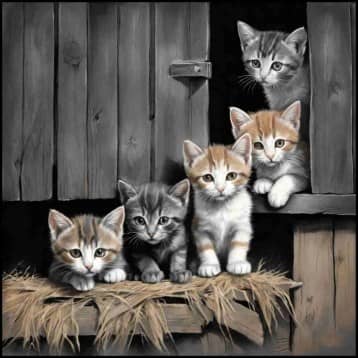 Kittens looking out of a barn.
