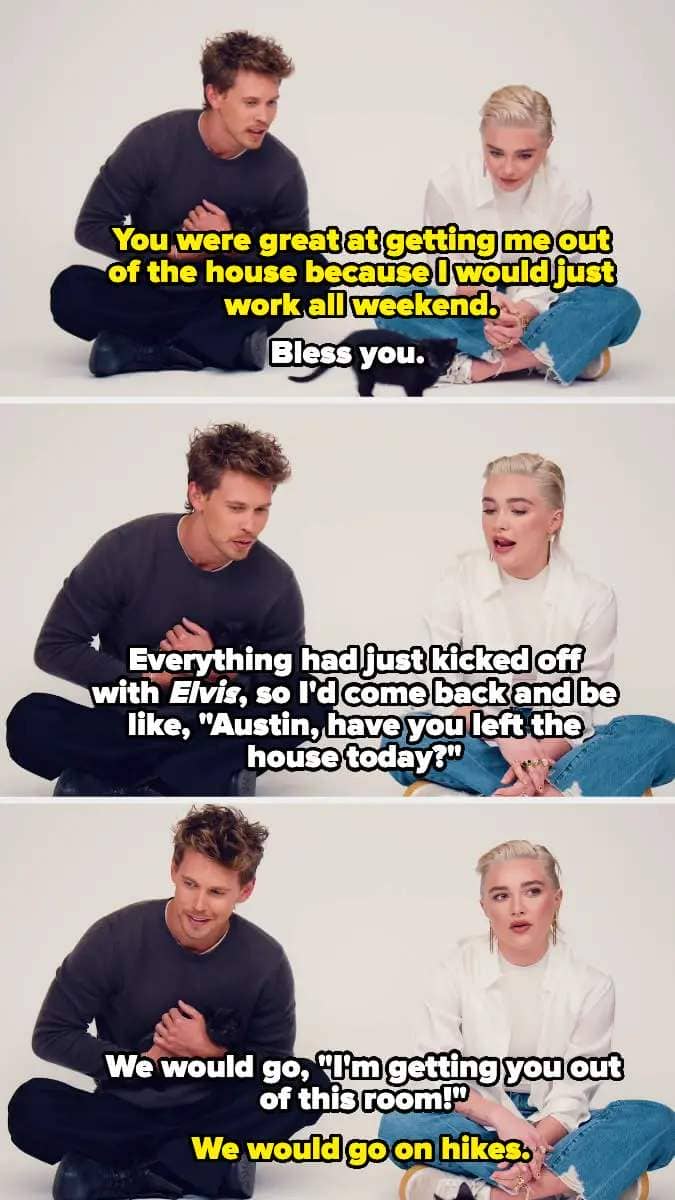 Screenshots of Austin Butler and Florence Pugh playing with kittens while answering questions