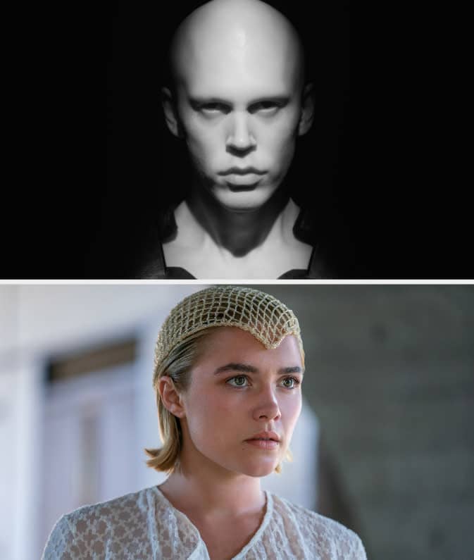 Top: Austin Butler in a bald cap. Bottom: Florence Pugh wearing a netted headpiece and lace dress