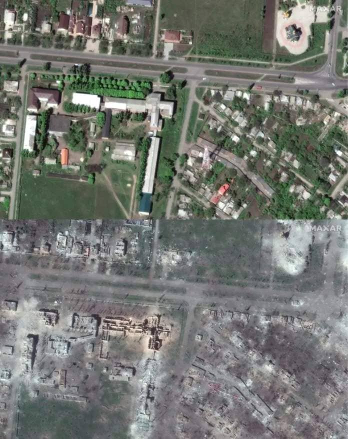 a pair of satellite views showing the same section of a city, one with intact buildings and green space and the other damaged or destroyed buildings and charred earth