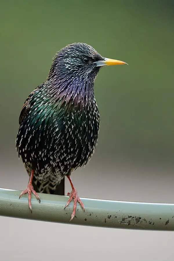 View of a European starling resting on an object outside. The bird is looking to the side. Their feathers are dark overall but have subtle, vibrant shades of purple and green in it, too.