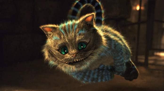 The Cheshire cat in Tim Burton’s 2010 movie Alice in Wonderland, a floating, round creature with grey fur with luminescent blue stripes, big blue eyes, and a wide, toothy grin