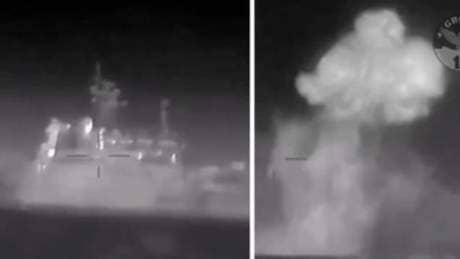 Footage appears to show moment Ukraine hits Russian warship – video