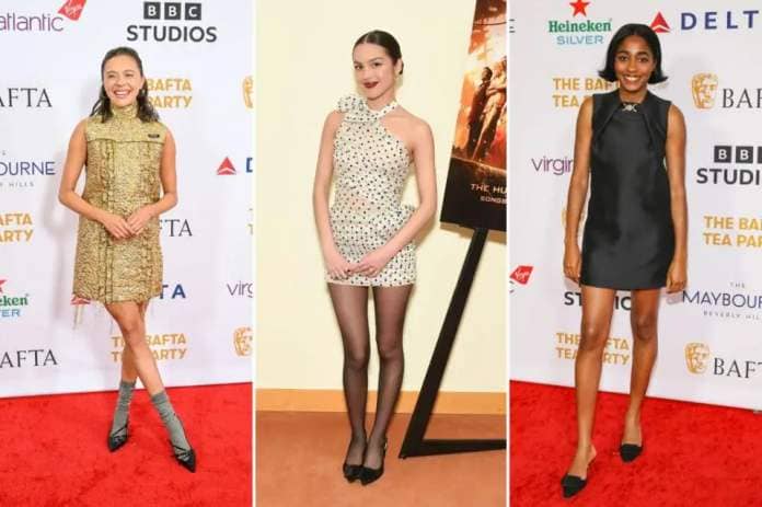 Bel Powley (from left) dons full Miu Miu — including the brand’s pointy-toed kitten heels at the BAFTA tea party, Olivia Rodrigo wears Alessandra Rich and Roger Vivier’s version promoting “The Hunger Games: A Ballad of Songbirds and Snakes,” and Ayo Edebiri — also attending the BAFTA tea party — pairs Versace with her Manolo Blahniks. Images: Getty