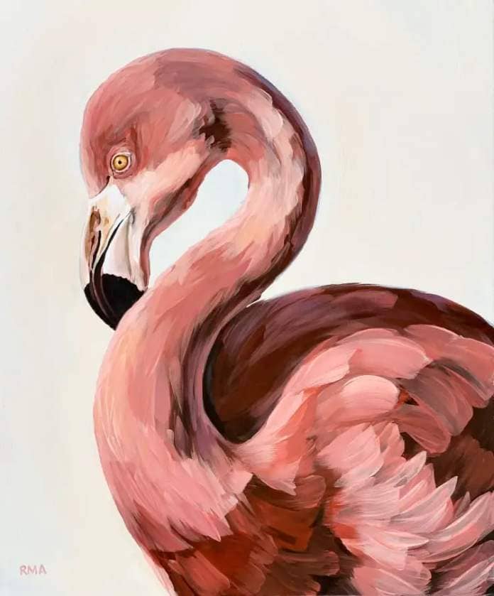 Oil painting of a flamingo by Rachel Altschuler