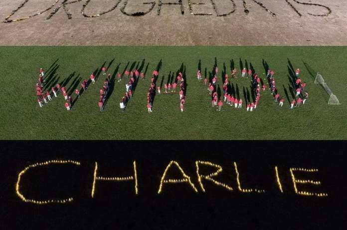 The pupils of St Paul's sent a message of support to the late Charlie Bird in January 2022, organised by Drogheda Dolls. Aerial photo by Anthony Murphy.
