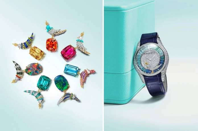 Some of the vibrant pieces from the “Rainbow Bird on a Rock” collection of fine jewelry and watches. Photo: Tiffany & Co. 
