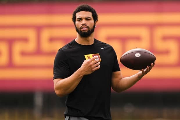 Southern California quarterback Caleb Williams warms up at the school's NFL Pro Day on March 20, 2024. (AP Photo/Ryan Sun)