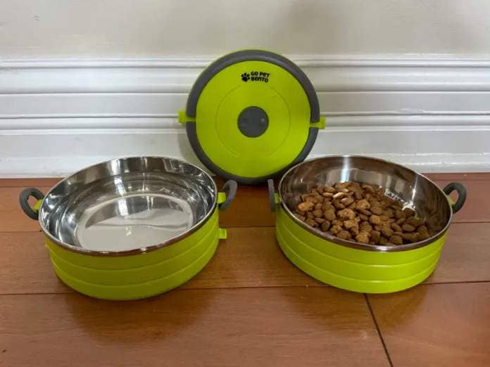 healthy human go pet bento - a bowl with dog food, empty bowl, and lid