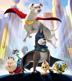 DC's League of Super Pets features a dog called Ace, voiced by Kevin Hart, who is a crop-eared sidekick to Batman (bottom centre)