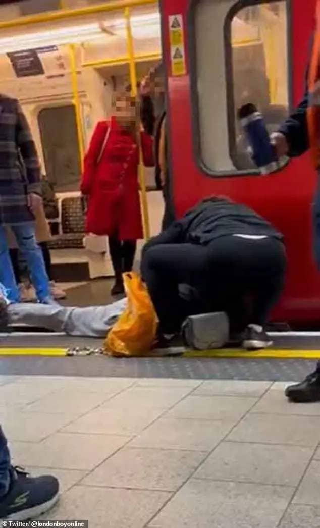 Pictured: The owner of the dog and a woman try to coax it out from underneath the train
