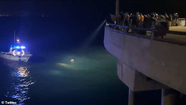 A spotlight is shone on the woman, who was in the water after plunging into it