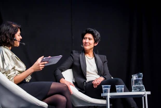 Incoming chief operating officer of the civil service Cat Little speaks to Sapana Agrawal, the director of modernisation and reform in the Cabinet Office, at the closing session of Innovation 2024. Photo: Rob Greig
