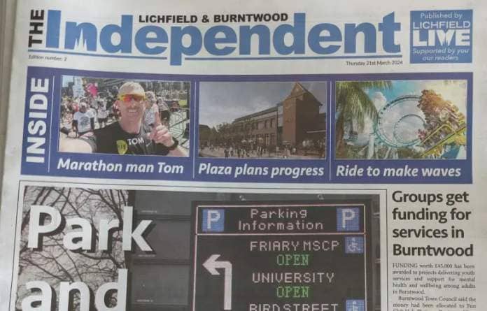 The front page of The Lichfield and Burntwood Independent