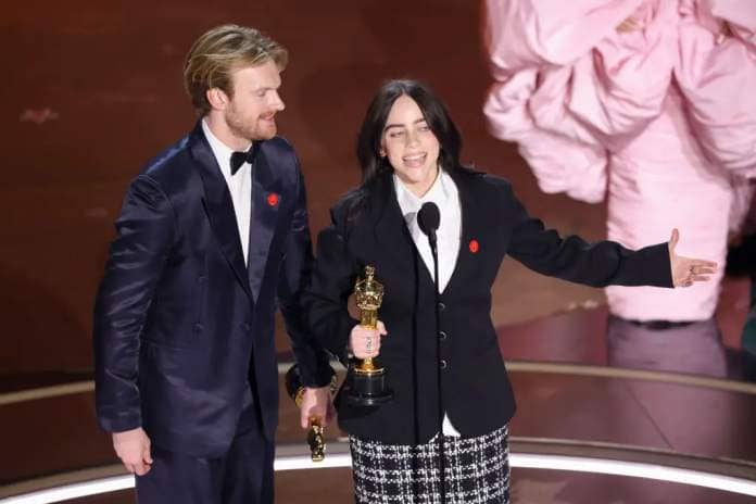 FINNEAS and Billie Eilish win Best Original Song for 'What Was I Made For' from 'Barbie' at the 96th Annual Oscars held at Dolby Theatre on March 10, 2024 in Los Angeles, California. (Photo by Rich Polk/Variety via Getty Images)