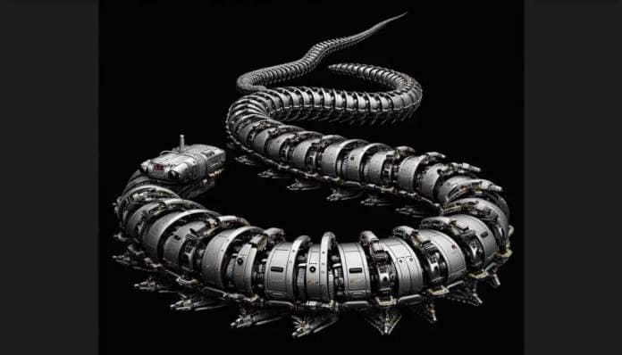 Highly detailed and realistic image of an autonomous snake-robot developed by NASA named 'Meet EELS'. The robot is trailblazing, specifically designed to navigate alien waters efficiently, autonomously, and comprehensively. Its body resembles the sinuous form of a terrestrial snake, made up of segmented parts. Each segment contains multiple sensors, cameras and propulsion devices that aid in undulating movement and exploration of foreign marine environments.