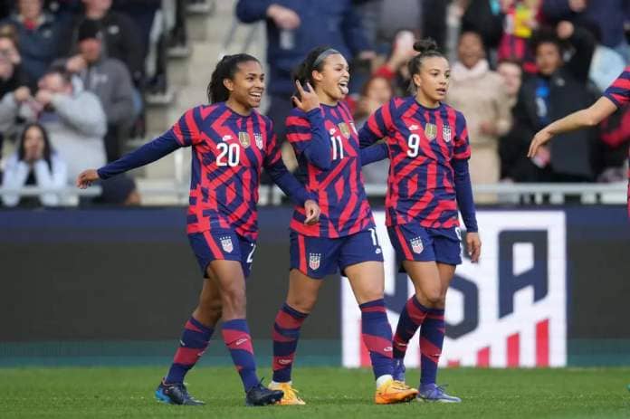COLUMBUS, OH - APRIL 9: Sophia Smith #11 of the United States celebrates scoring with Catarina Macario #20 and Mallory Pugh #9 during a game between Uzbekistan and USWNT at Lower.com Field on April 9, 2022 in Columbus, Ohio. (Photo by Brad Smith/ISI Photos/Getty Images)