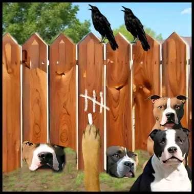Pit bulls and broken wood fence.